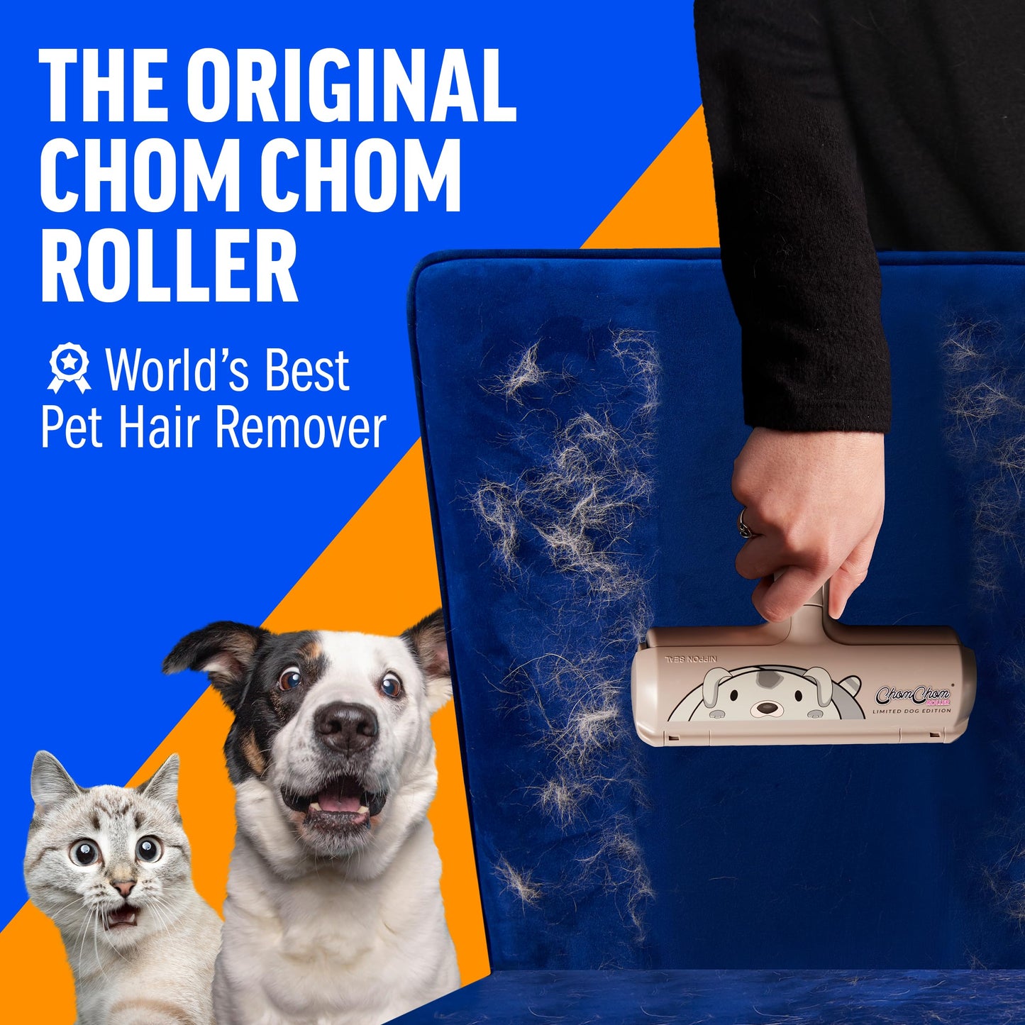 Chom Chom Roller Pet Hair Remover and Reusable Lint Roller - ChomChom Cat and Dog Hair Remover for Furniture, Couch, Carpet, Clothing and Bedding - Portable, Multi-Surface Fur Removal Tool